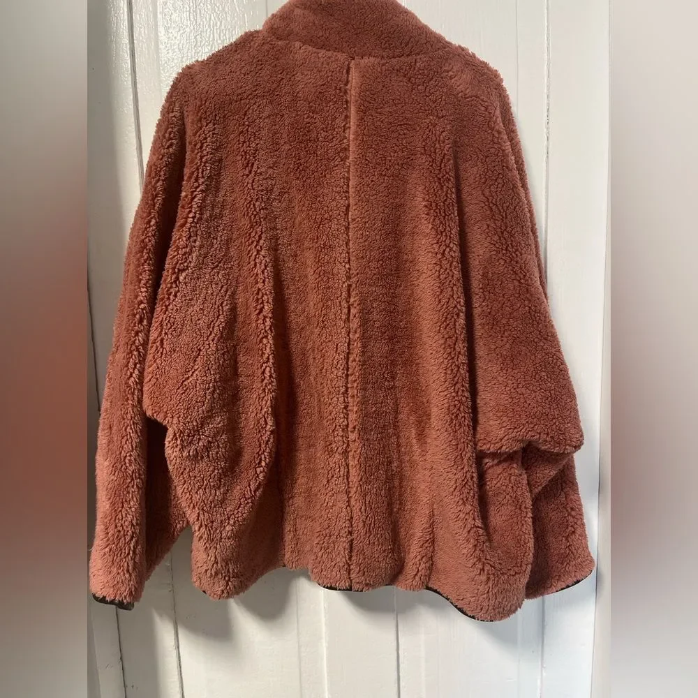 Free People Junie Teddy Jacket contrast faux leather toggle trim Rose Pink L